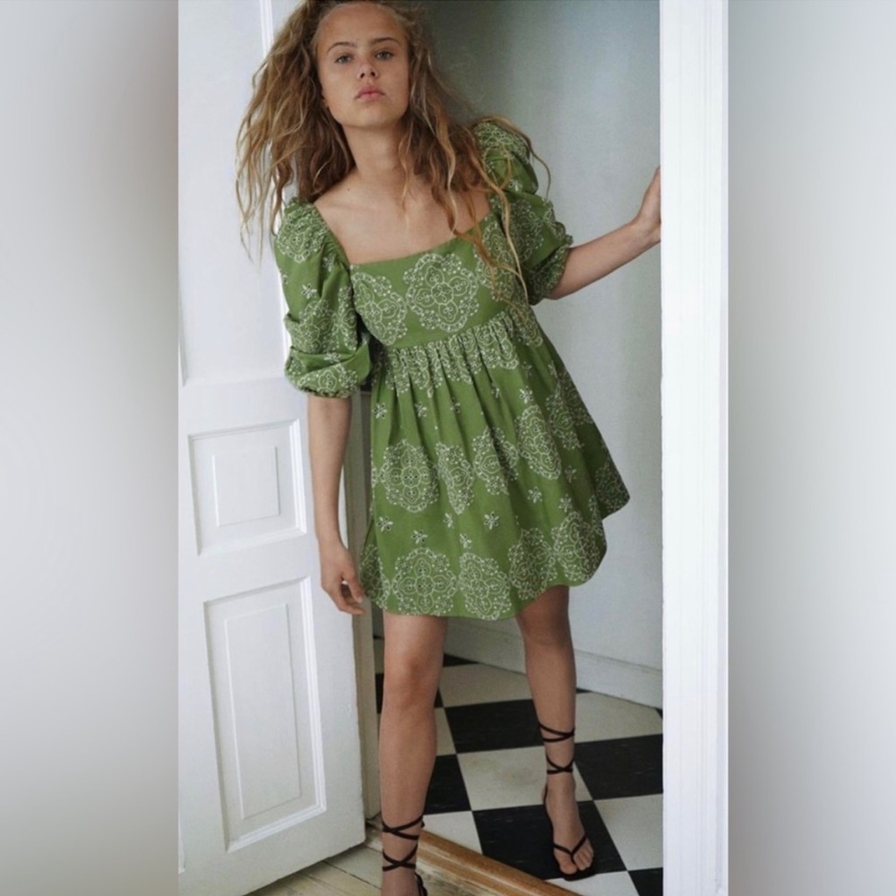 Zara Green Openwork Embroidered Puff Sleeve Mini Dress